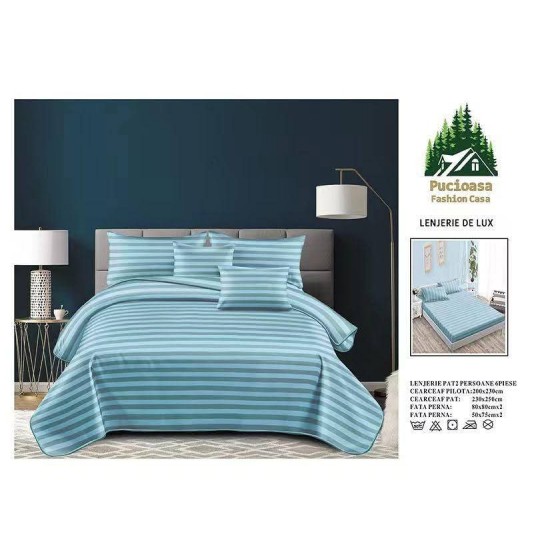 Lenjerie, pat dublu, cu ELASTIC, Damasc Finetat, 6 piese, Blue, LDS-077 Lenjerii Damasc 6 piese cu Cearsaf cu ELASTIC