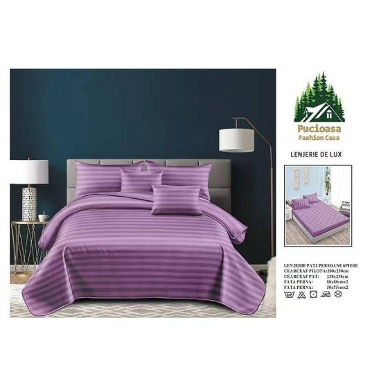 Lenjerie, pat dublu, cu ELASTIC, Damasc Finetat, 6 piese, Mov, LDS-082 Lenjerii Damasc 6 piese cu Cearsaf cu ELASTIC