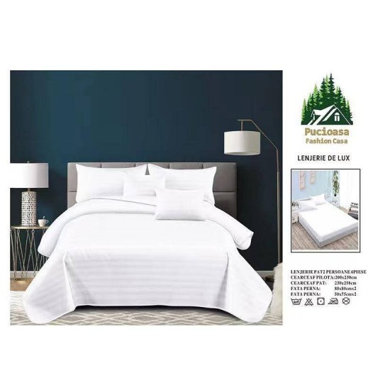 Lenjerie, pat dublu, cu ELASTIC, Damasc Finetat, 6 piese, Alb, LDS-080 Lenjerii Damasc 6 piese cu Cearsaf cu ELASTIC