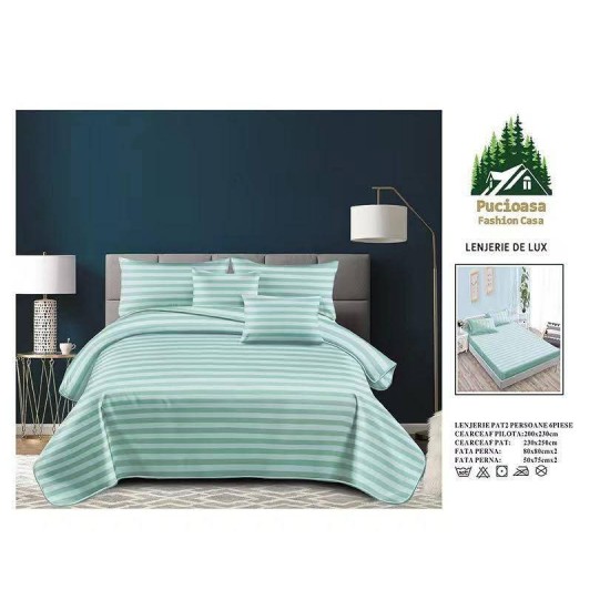 Lenjerie, pat dublu, cu ELASTIC, Damasc Finetat, 6 piese, Vernil deschis, LDS-024 Lenjerii Damasc 6 piese cu Cearsaf cu ELASTIC