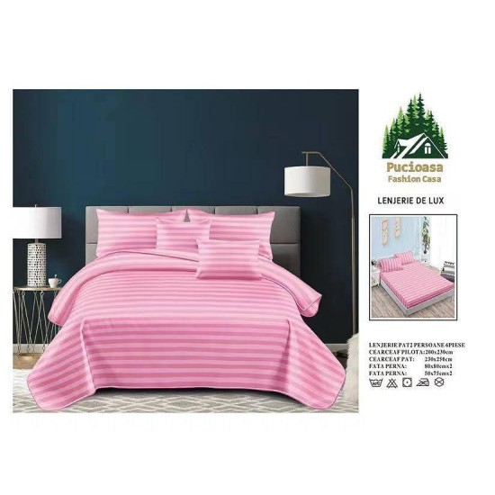 Lenjerie, pat dublu, cu ELASTIC, Damasc Finetat, 6 piese, Roz, LDS-070 Lenjerii Damasc 6 piese cu Cearsaf cu ELASTIC