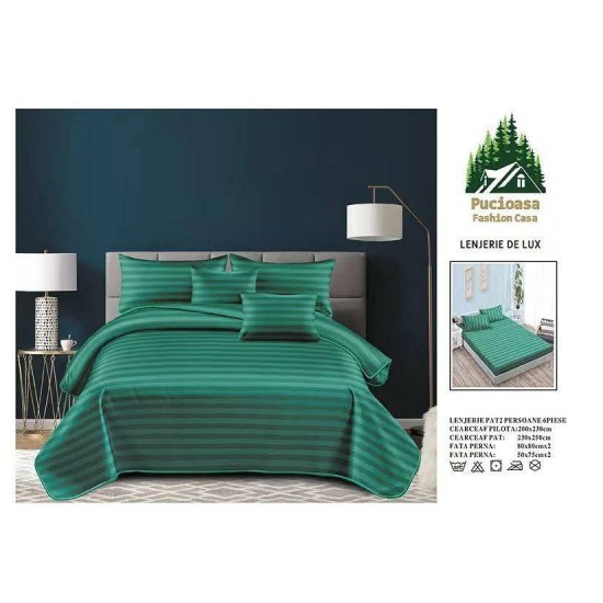 Lenjerie, pat dublu, cu ELASTIC, Damasc Finetat, 6 piese, Verde, LDS-072 Lenjerii Damasc 6 piese cu Cearsaf cu ELASTIC