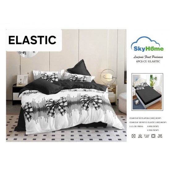 Set Lenjerie 6 Piese Finet cu Elastic pentru Pat Dublu, Alb-Negru, fundulite, OLD-134 Oferta duo bumbac-finet