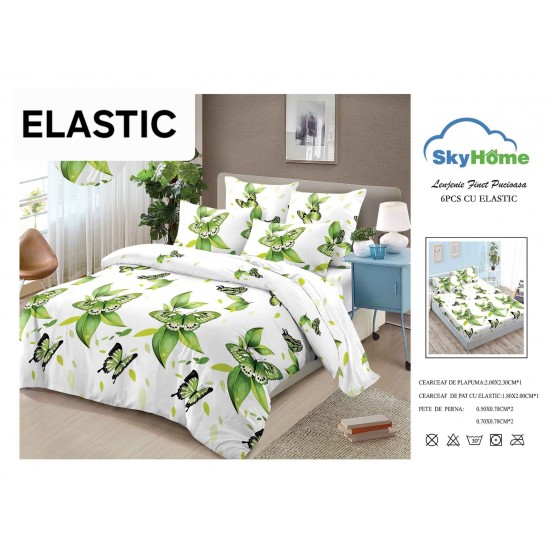 Set Lenjerie Finet 6 Piese cu Cearșaf cu Elastic–Pat Dublu, Alb-Verde, fluturi, OLD-135 Oferta duo bumbac-finet