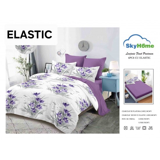 Set Lenjerie 6 Piese cu Elastic pentru Pat Dublu, Alb-Mov, flori, OLD-137 Oferta duo bumbac-finet