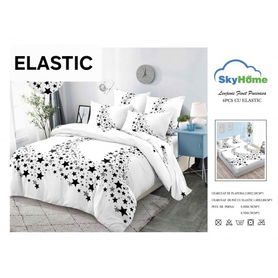 Set Lenjerie 6 Piese Finet cu Elastic pentru Pat Dublu Alb-Negru, stele, OLD-138 Oferta duo bumbac-finet