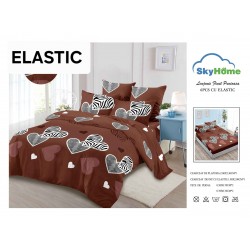 Set Lenjerie Finet 6 Piese cu Cearșaf cu Elastic–Pat Dublu, Maro-Alb, inimioare, OLD-139