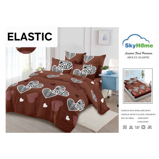 Set Lenjerie Finet 6 Piese cu Cearșaf cu Elastic–Pat Dublu, Maro-Alb, inimioare, OLD-139 Oferta duo bumbac-finet