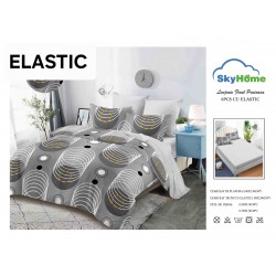 Set Lenjerie Finet 6 Piese cu Cearșaf cu Elastic–Pat Dublu, Gri-Alb, cercuri, OLD-141