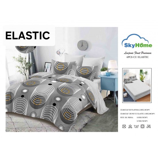 Set Lenjerie Finet 6 Piese cu Cearșaf cu Elastic–Pat Dublu, Gri-Alb, cercuri, OLD-141 Oferta duo bumbac-finet