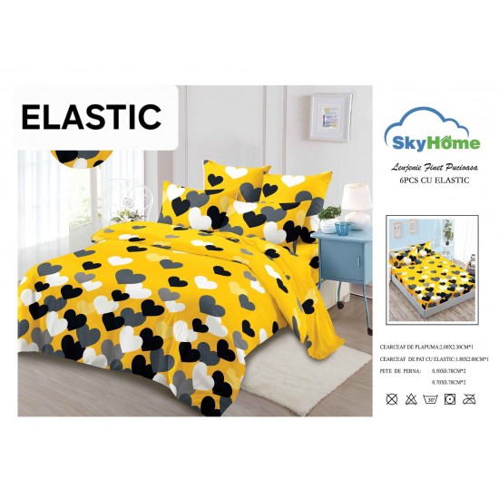 Set Lenjerie Finet 6 Piese cu Cearșaf cu Elastic–Pat Dublu, Galben-Alb, inimi, OLD-142 Oferta duo bumbac-finet