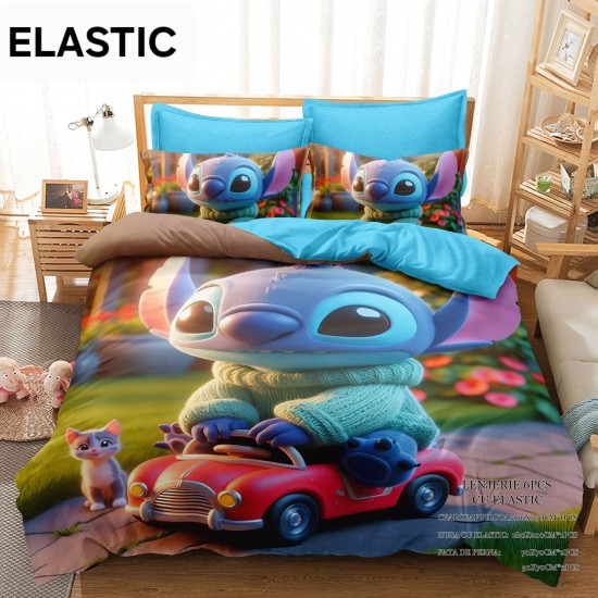 Lenjerie pat dublu, 6 piese, bumbac-finet, cu ELASTIC, Blue-Multicolor, Stitch, LCC-025 Lenjerii Pentru Copii cu Desene Animate - Finet 6 piese