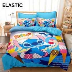 Lenjerie pat dublu, 6 piese, bumbac-finet, cu ELASTIC, Blue-Multicolor, Stitch, LCC-026