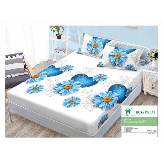 Cearsaf cu elastic, Bumbac FINET, 160x200cm, 2 fete de perne 50x70cm, Alb-Albastru, flori, inimi, HDF-171 Huse Finet 160x200cm