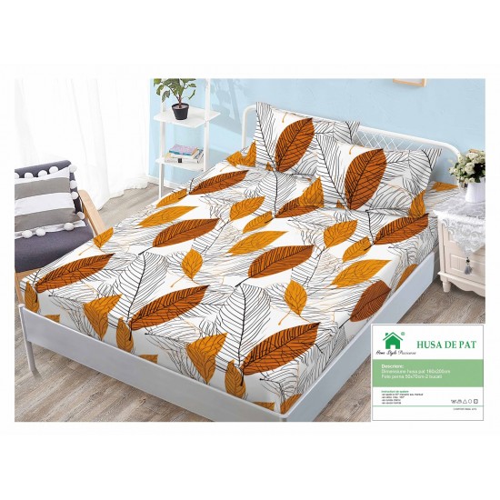 Cearsaf cu elastic, Bumbac FINET, 160x200cm, 2 fete de perne 50x70cm, Alb-Maro, frunze, HDF-092 Huse Finet 160x200cm
