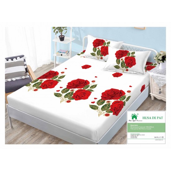 Cearsaf cu elastic, Bumbac FINET, 160x200cm, 2 fete de perne 50x70cm, Alb-Multicolor, flori, HDF-077 Huse Finet 160x200cm