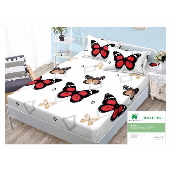 Cearsaf cu elastic, Bumbac FINET, 160x200cm, 2 fete de perne 50x70cm, Alb-Multicolor, fluturi, HDF-105 Huse Finet 160x200cm