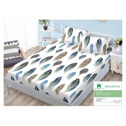 Cearsaf cu elastic, Bumbac FINET, 160x200cm, 2 fete de perne 50x70cm, Alb-Multicolor, pene, HDF-083