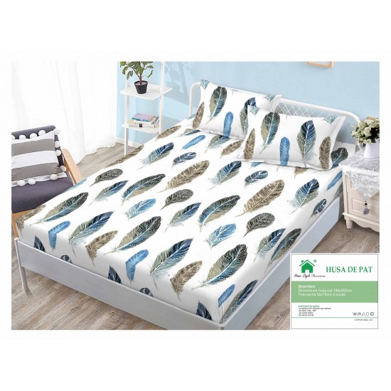 Cearsaf cu elastic, Bumbac FINET, 160x200cm, 2 fete de perne 50x70cm, Alb-Multicolor, pene, HDF-083 Huse Finet 160x200cm