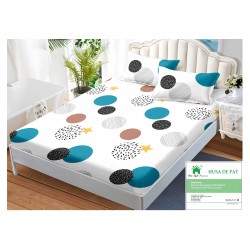 Cearsaf cu elastic, Bumbac FINET, 160x200cm, 2 fete de perne 50x70cm, Alb-Multicolor, cercuri, HDF-085