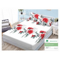 Cearsaf cu elastic, Bumbac FINET, 160x200cm, 2 fete de perne 50x70cm, Alb-Rosu, flori, HDF-087