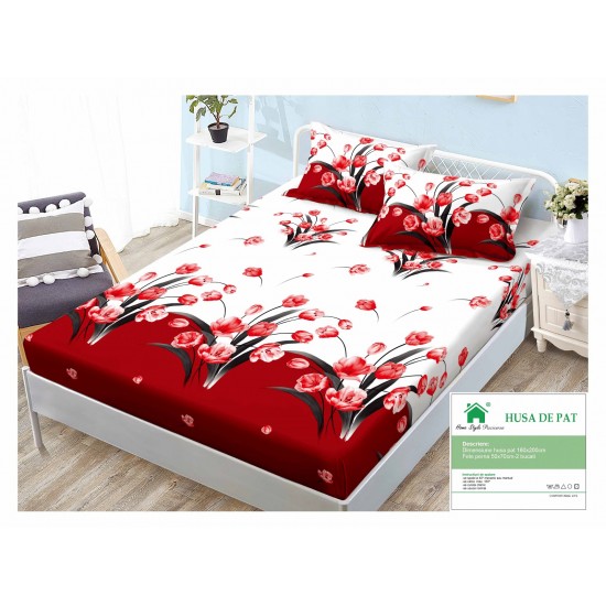 Cearsaf cu elastic, Bumbac FINET, 160x200cm, 2 fete de perne 50x70cm, Alb-Rosu, flori, HDF-102 Huse Finet 160x200cm
