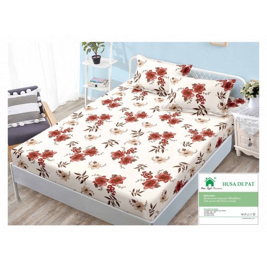 Cearsaf cu elastic, Bumbac FINET, 160x200cm, 2 fete de perne 50x70cm, Alb-Rosu, flori, HDF-169 Huse Finet 160x200cm