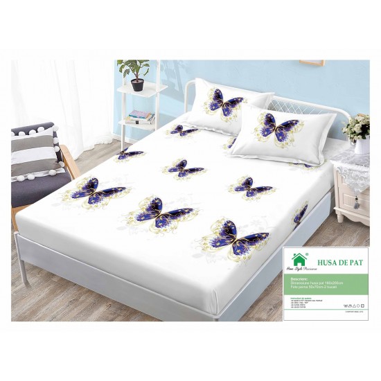 Cearsaf cu elastic, Bumbac FINET, 160x200cm, 2 fete de perne 50x70cm, Alb-Multicolor, fluturi, HDF-175 Huse Finet 160x200cm