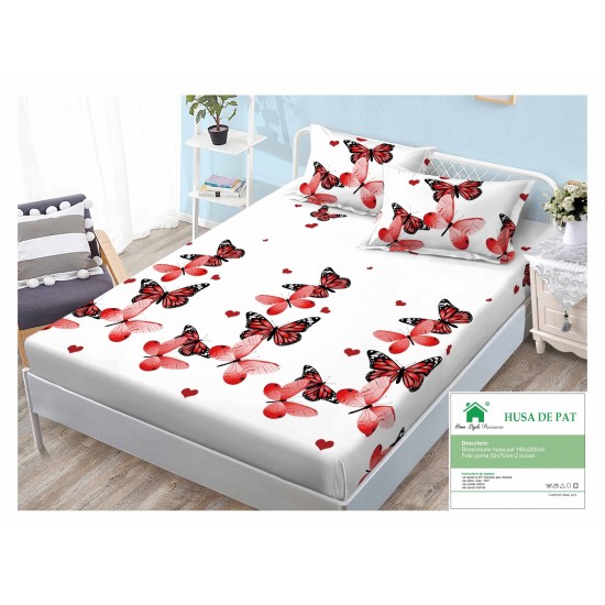 Cearsaf cu elastic, Bumbac FINET, 160x200cm, 2 fete de perne 50x70cm, Alb-Rosu, fluturi, HDF-172 Huse Finet 160x200cm