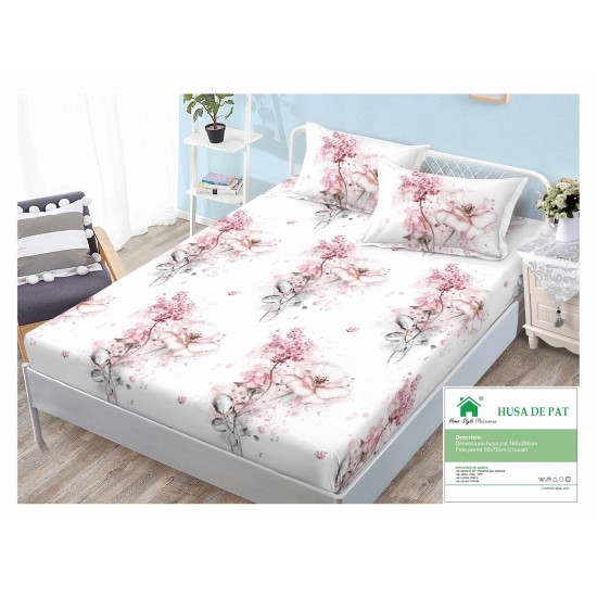 Cearsaf cu elastic, Bumbac FINET, 160x200cm, 2 fete de perne 50x70cm, Alb-Roz, flori, HDF-082 Huse Finet 160x200cm