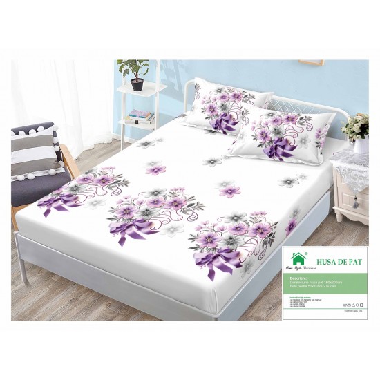 Cearsaf cu elastic, Bumbac FINET, 160x200cm, 2 fete de perne 50x70cm, Lila-Alb, flori, HDF-095 Huse Finet 160x200cm