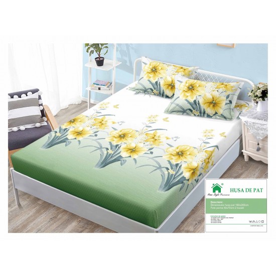 Cearsaf cu elastic, Bumbac FINET, 160x200cm, 2 fete de perne 50x70cm, Verde-Alb, flori, HDF-106 Huse Finet 160x200cm