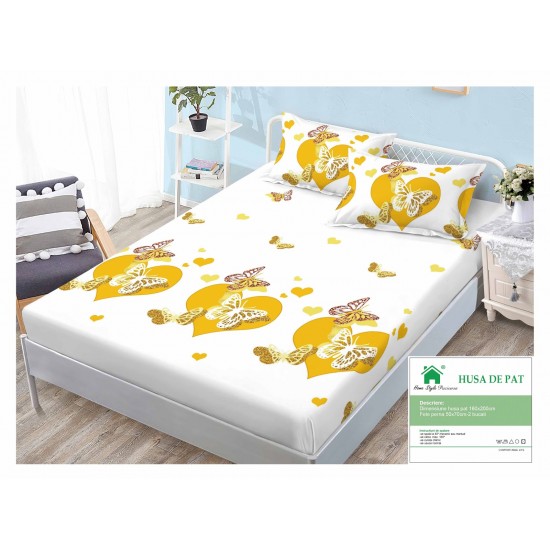 Cearsaf cu elastic, Bumbac FINET, 160x200cm, 2 fete de perne 50x70cm, Alb-Galben, fluturi, HDF-086 Huse Finet 160x200cm
