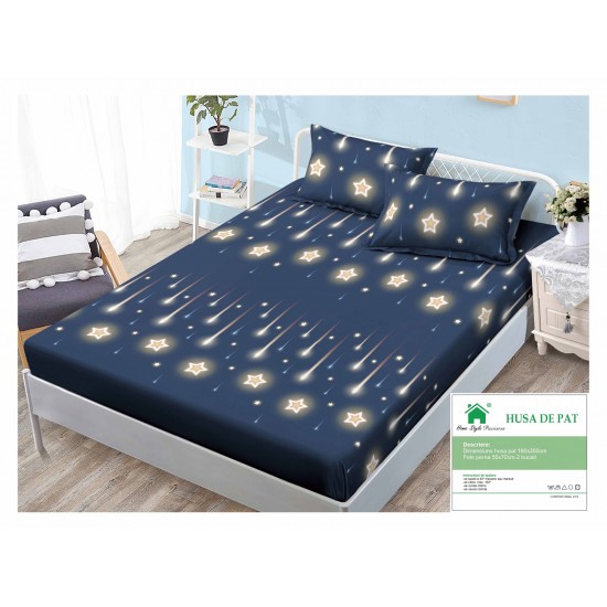 Cearsaf cu elastic, Bumbac FINET, 160x200cm, 2 fete de perne 50x70cm, Albastru-Alb, stele, HDF-098 Huse Finet 160x200cm