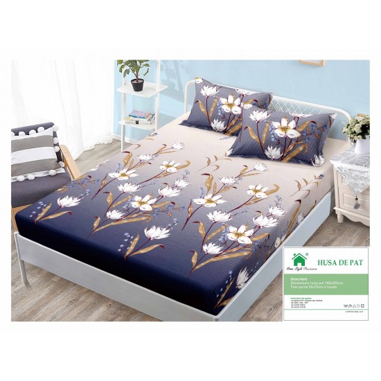 Cearsaf cu elastic, Bumbac FINET, 160x200cm, 2 fete de perne 50x70cm, Gri-Alb, flori, HDF-096 Huse Finet 160x200cm
