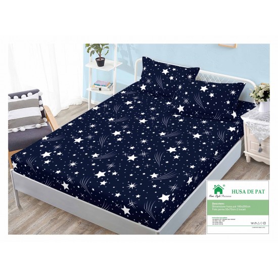 Cearsaf cu elastic, Bumbac FINET, 160x200cm, 2 fete de perne 50x70cm, Bleumarin-Alb, stele, HDF-170 Huse Finet 160x200cm