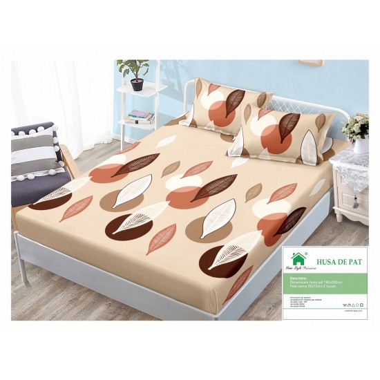 Cearsaf cu elastic, Bumbac FINET, 160x200cm, 2 fete de perne 50x70cm, Maro-Bej, frunze, HDF-100 Huse Finet 160x200cm