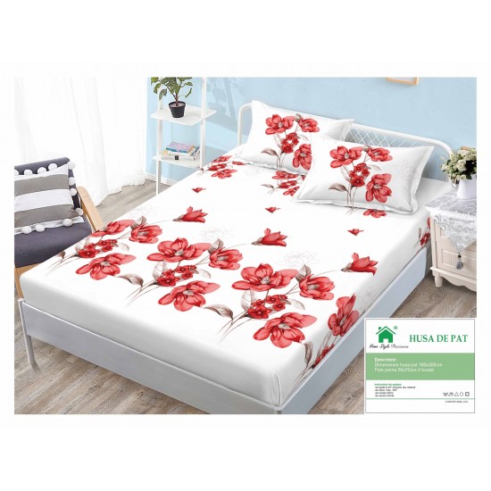 Cearsaf cu elastic, Bumbac FINET, 160x200cm, 2 fete de perne 50x70cm, Alb-Rosu, flori, HDF-090 Huse Finet 160x200cm