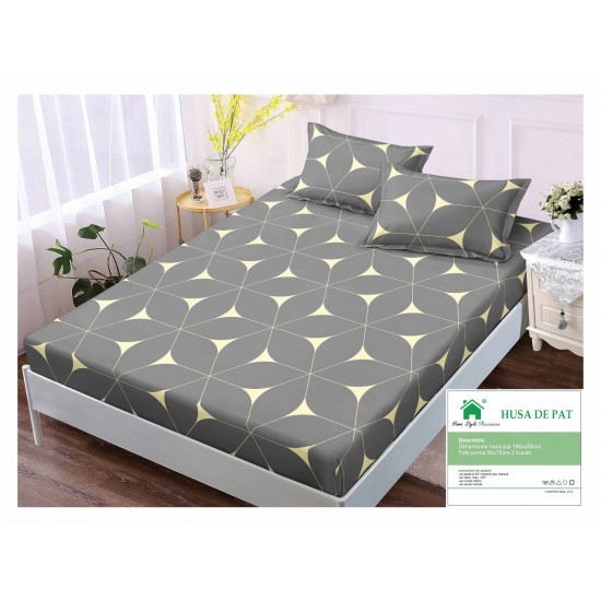 Cearsaf cu elastic, Bumbac FINET, 160x200cm, 2 fete de perne 50x70cm, Gri-Galben, romburi, HDF-088 Huse Finet 160x200cm