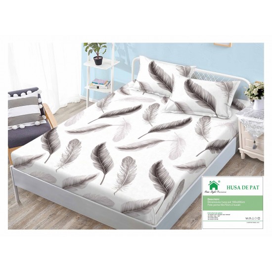 Cearsaf cu elastic, Bumbac FINET, 160x200cm, 2 fete de perne 50x70cm, Gri-Alb, pene, HDF-097 Huse Finet 160x200cm