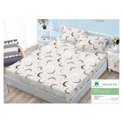Cearsaf cu elastic, Bumbac FINET, 160x200cm, 2 fete de perne 50x70cm, Alb-Bej, semiluna, HDF-081
