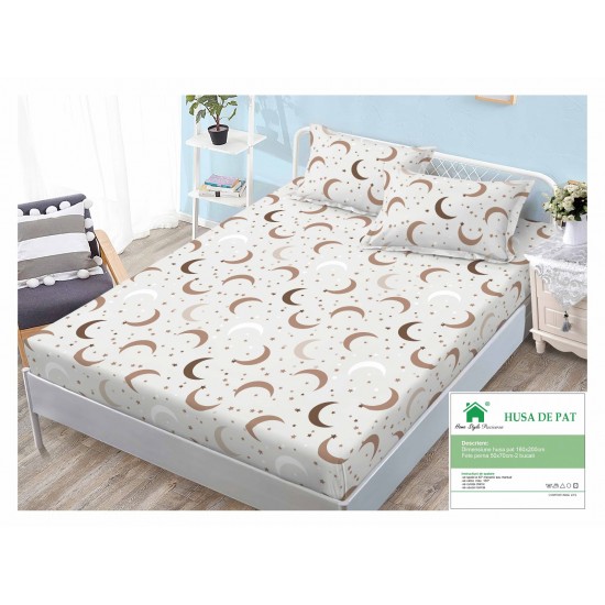 Cearsaf cu elastic, Bumbac FINET, 160x200cm, 2 fete de perne 50x70cm, Alb-Bej, semiluna, HDF-081 Huse Finet 160x200cm