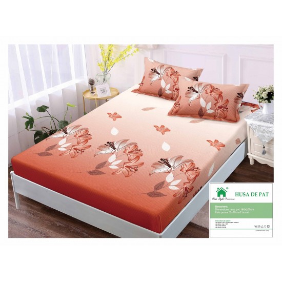Cearsaf cu elastic, Bumbac FINET, 160x200cm, 2 fete de perne 50x70cm, Portocaliu-Alb, flori, HDF-103 Huse Finet 160x200cm