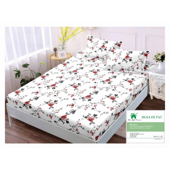 Cearsaf cu elastic, Bumbac FINET, 160x200cm, 2 fete de perne 50x70cm, Alb-Multicolor, flori, HDF-091 Huse Finet 160x200cm