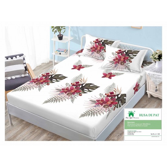 Cearsaf cu elastic, Bumbac FINET, 160x200cm, 2 fete de perne 50x70cm, Alb-Multicolor, flori, frunze, HDF-079 Huse Finet 160x200cm
