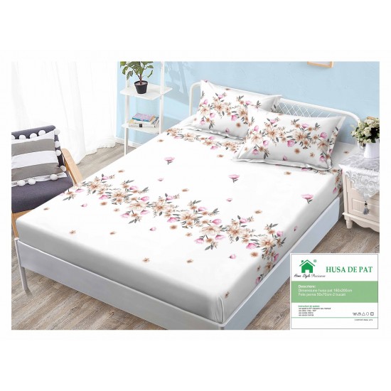 Cearsaf cu elastic, Bumbac FINET, 160x200cm, 2 fete de perne 50x70cm, Alb-Multicolor, flori, HDF-101 Huse Finet 160x200cm