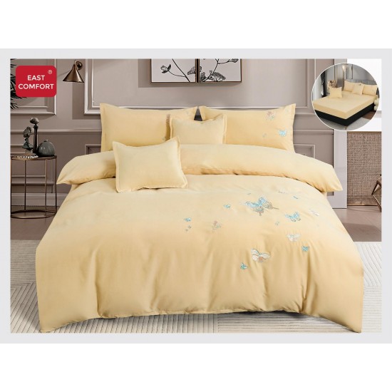 Lenjerie pat dublu, Catifea Deluxe, cu broderie, 6 Piese, cu ELASTIC, Crem, LCI-002 Lenjerii Catifea 6 piese