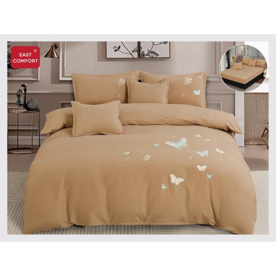 Lenjerie pat dublu, Catifea Deluxe, cu broderie, 6 Piese, cu ELASTIC, Maro,  LCI-013 Lenjerii Catifea 6 piese