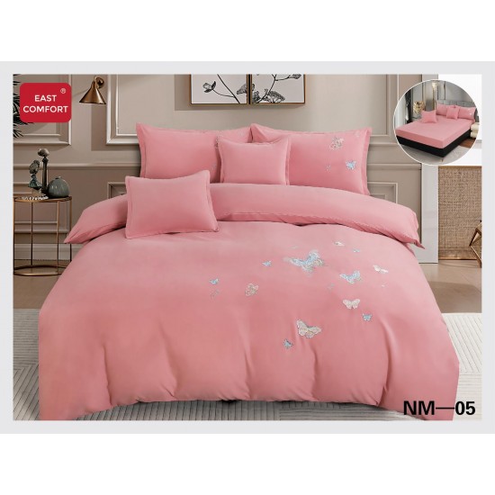 Lenjerie pat dublu, Catifea Deluxe, cu broderie, 6 Piese, cu ELASTIC, Roz, LCI-016 Lenjerii Catifea 6 piese