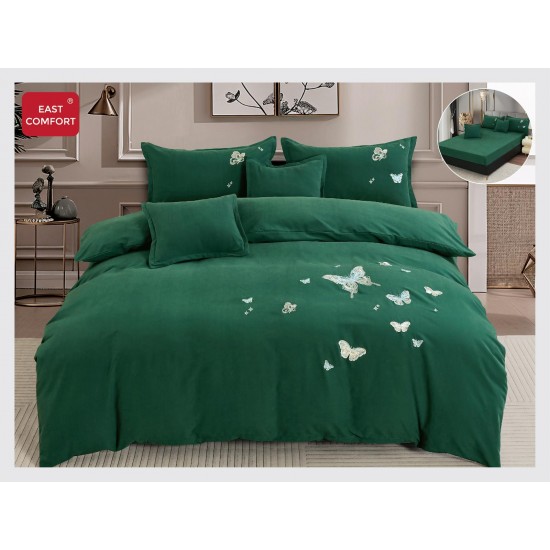 Lenjerie pat dublu, Catifea Deluxe, cu broderie, 6 Piese, cu ELASTIC, Verde, LCI-017 Lenjerii Catifea 6 piese